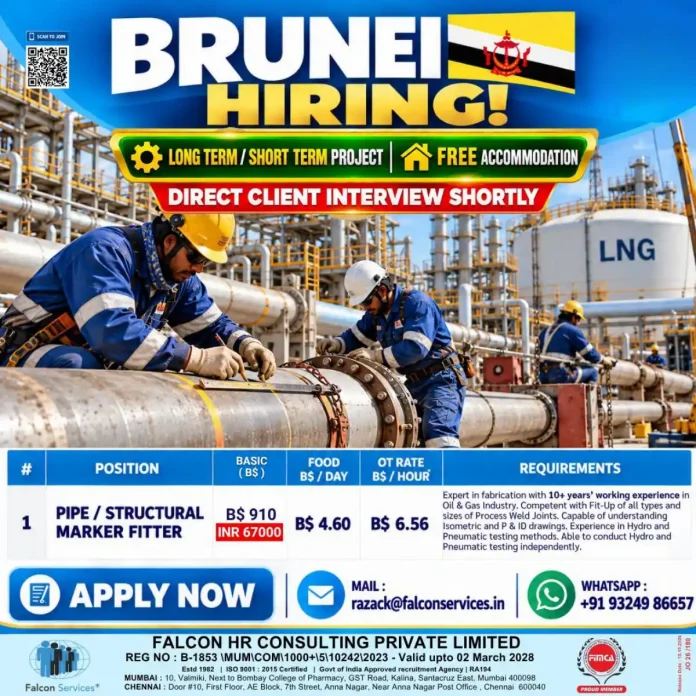 Pipe Structural Marker Fitter job vacancy in Brunei with free accommodation