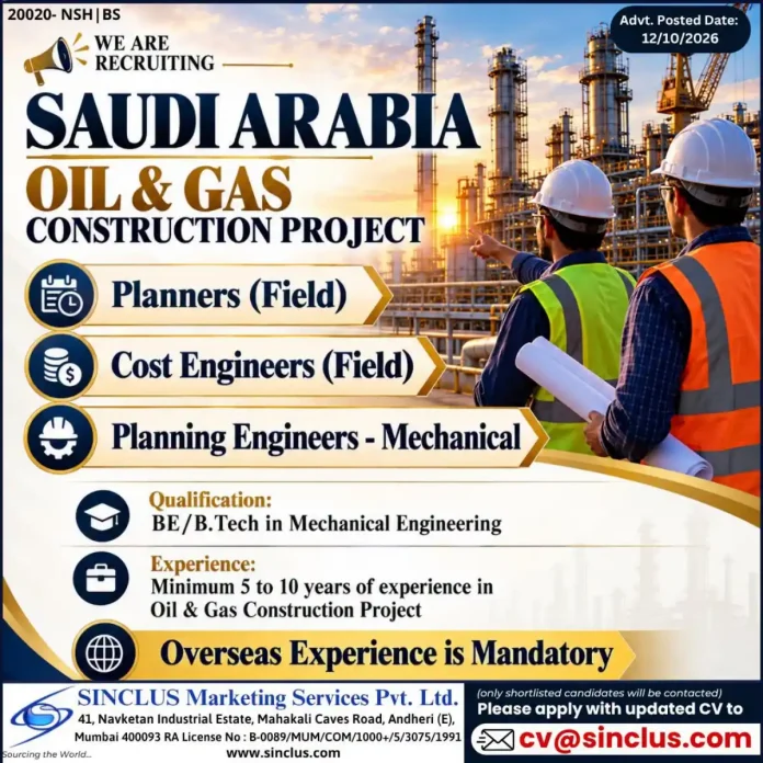 Oil and gas construction jobs in Saudi Arabia with SINCLUS for EO Planners, Cost Engineers, and Planning Engineers