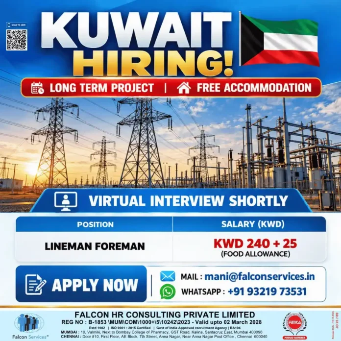 Lineman Foreman job in Kuwait with Falcon Services, free accommodation and KWD 265 salary