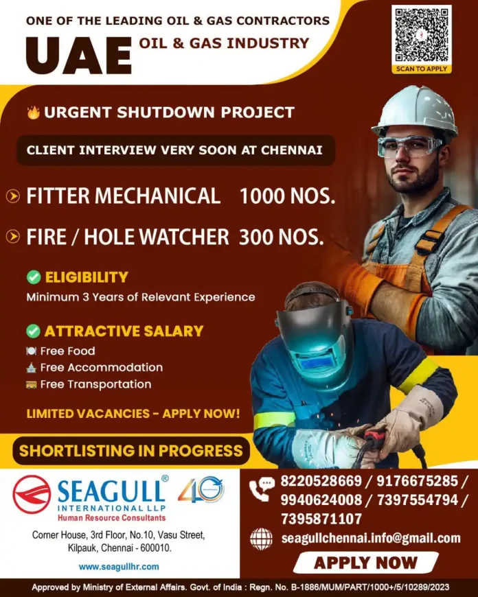 Urgent shutdown project jobs in UAE for Fitter Mechanical and Fire Hole Watcher
