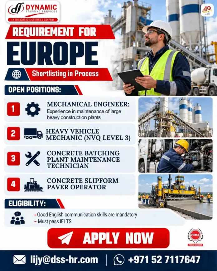 Europe job vacancies at Dynamic Staffing Services for mechanical engineer and heavy vehicle mechanic
