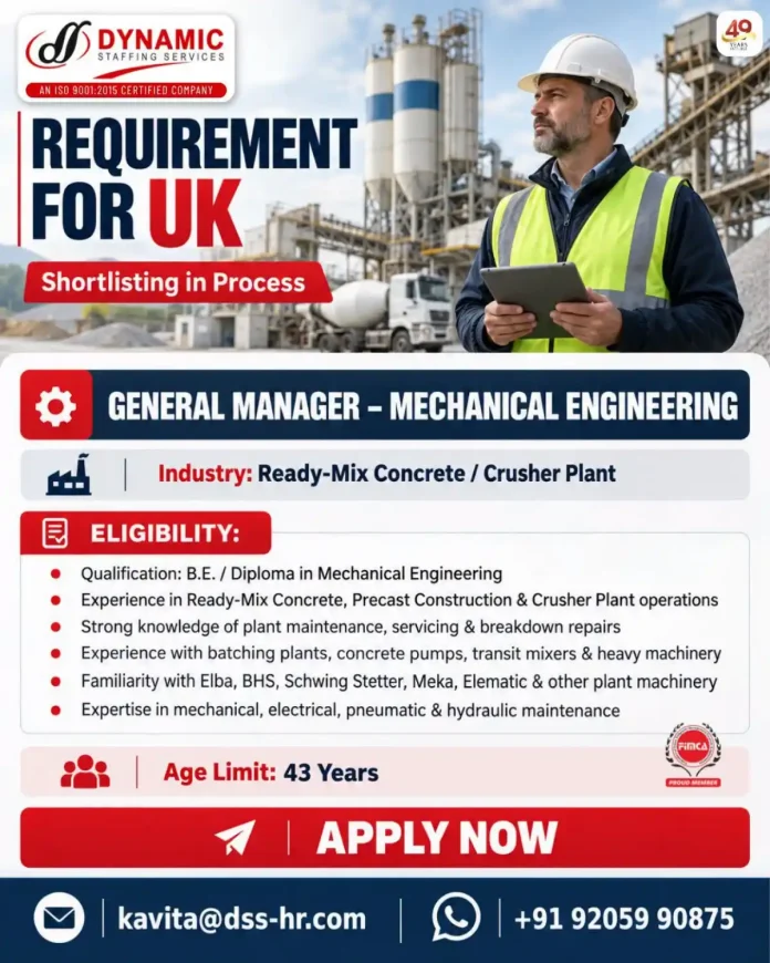 General Manager Mechanical Engineering job in UK with Dynamic Staffing Services