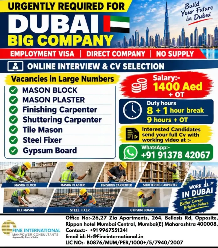 Dubai construction jobs recruitment for masons carpenters steel fixers and gypsum board workers