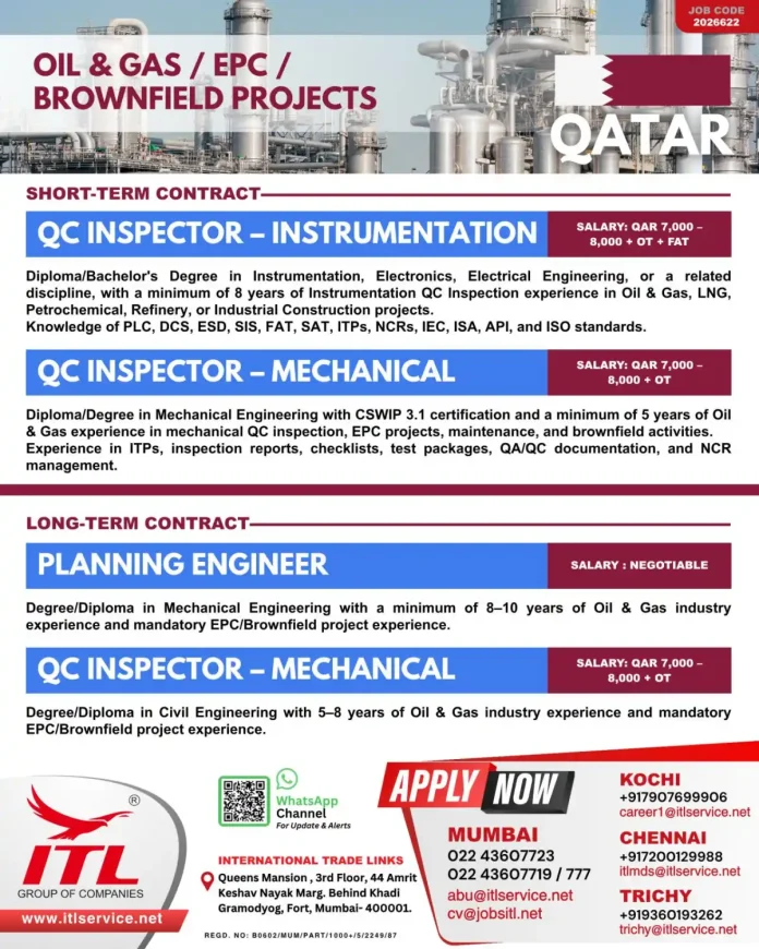 Oil and gas EPC brownfield jobs in Qatar for QC inspectors and planning engineer