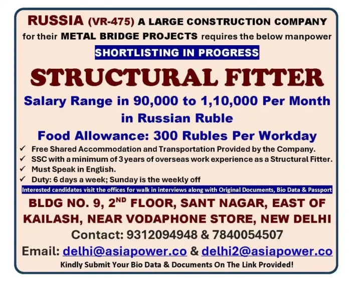 Structural Fitter Job in Russia for Metal Bridge Projects