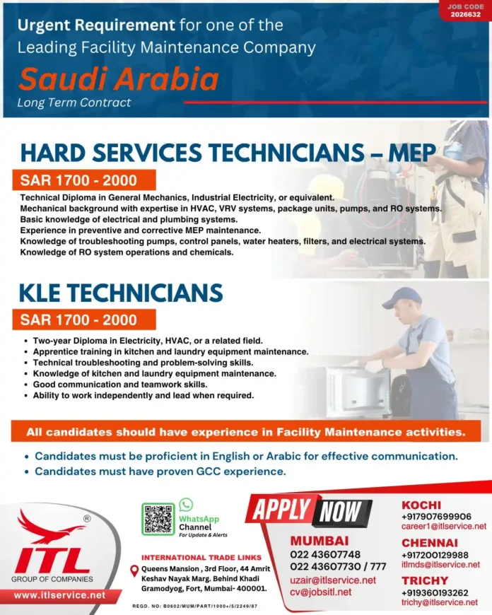 Hard Services Technicians MEP and KLE Technicians job vacancy in Saudi Arabia with ITL Group