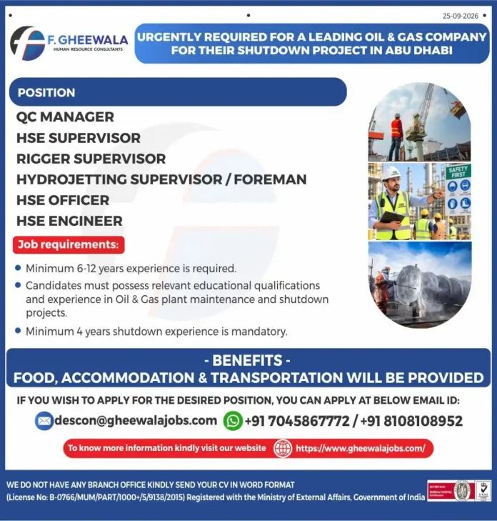 F. Gheewala oil and gas shutdown project jobs in Abu Dhabi 2026