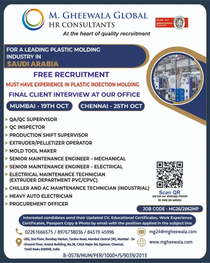 Plastic injection molding jobs in Saudi Arabia with free recruitment by M. Gheewala Global