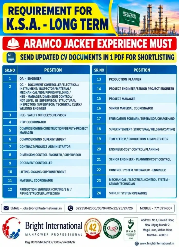 Bright International hiring for Aramco Jacket Experience jobs in Saudi Arabia