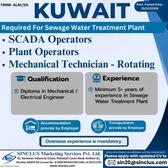 Sewage Water Treatment Plant jobs in Kuwait – SCADA Operator, Plant Operator and Mechanical Technician