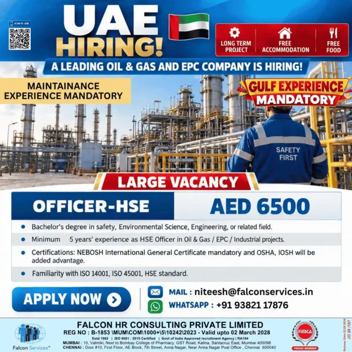HSE Officer jobs in UAE with free accommodation and free food