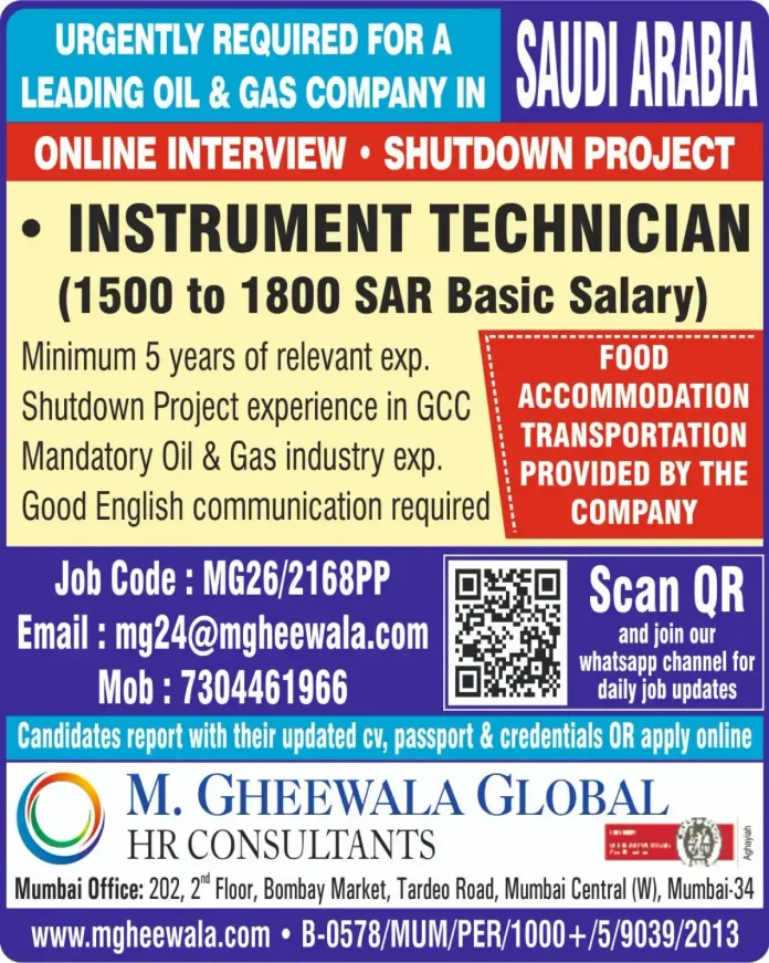 Instrument Technician job in Saudi Arabia for oil and gas shutdown project