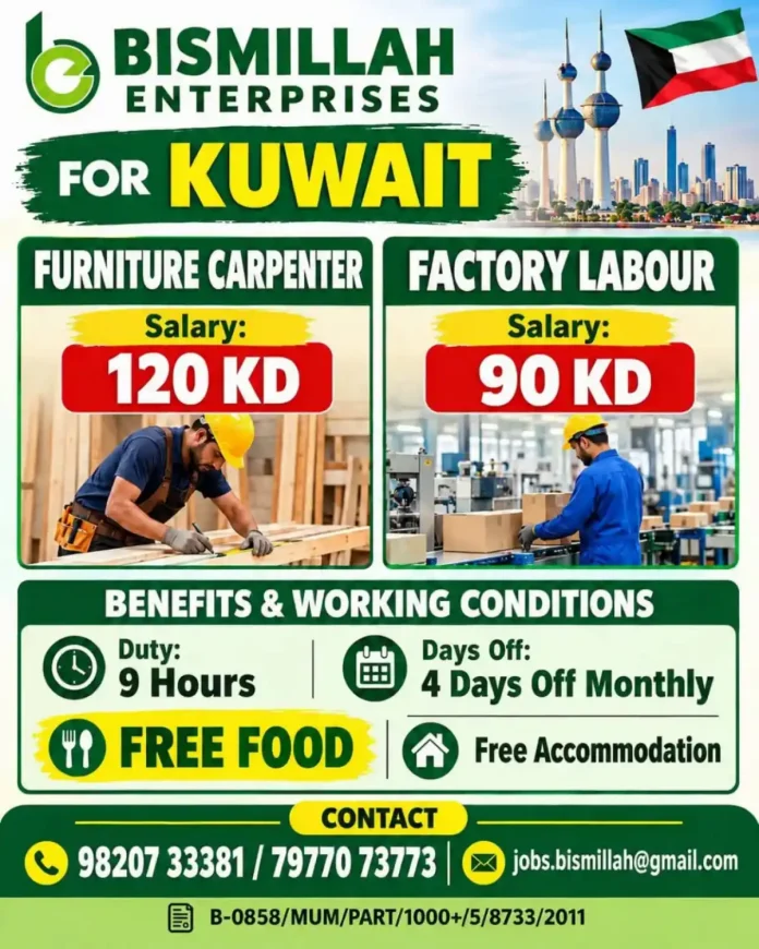 Furniture Carpenter and Factory Labour Jobs in Kuwait with free food and accommodation