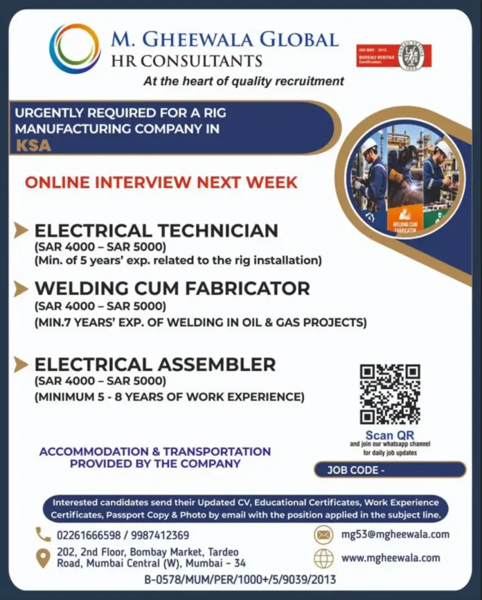 Electrical Technician and Welding Cum Fabricator job vacancies in KSA