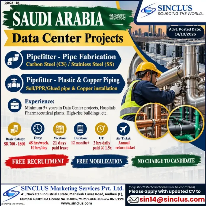 Pipefitter jobs in Saudi Arabia for data center projects