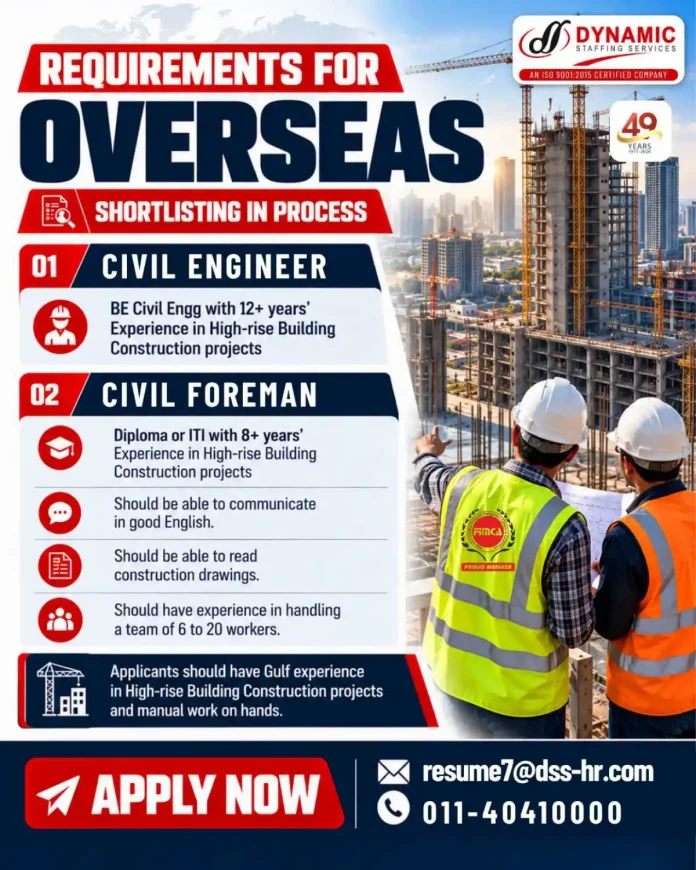 Civil Engineer and Civil Foreman overseas high-rise construction jobs at Dynamic Staffing Services