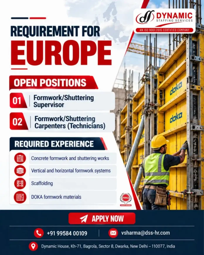 Formwork shuttering supervisor and carpenter jobs in Europe with Dynamic Staffing Services