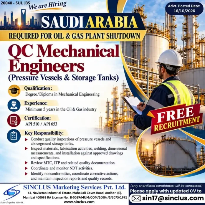 QC Mechanical Engineers for oil and gas plant shutdown in Saudi Arabia