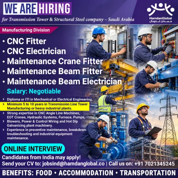 CNC fitter and electrician jobs in Saudi Arabia for transmission tower manufacturing