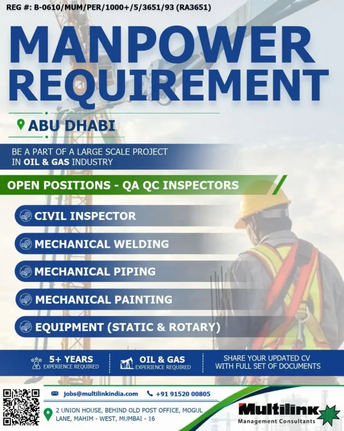 QA QC Inspector jobs in Abu Dhabi oil and gas project by Multilink Management Consultants