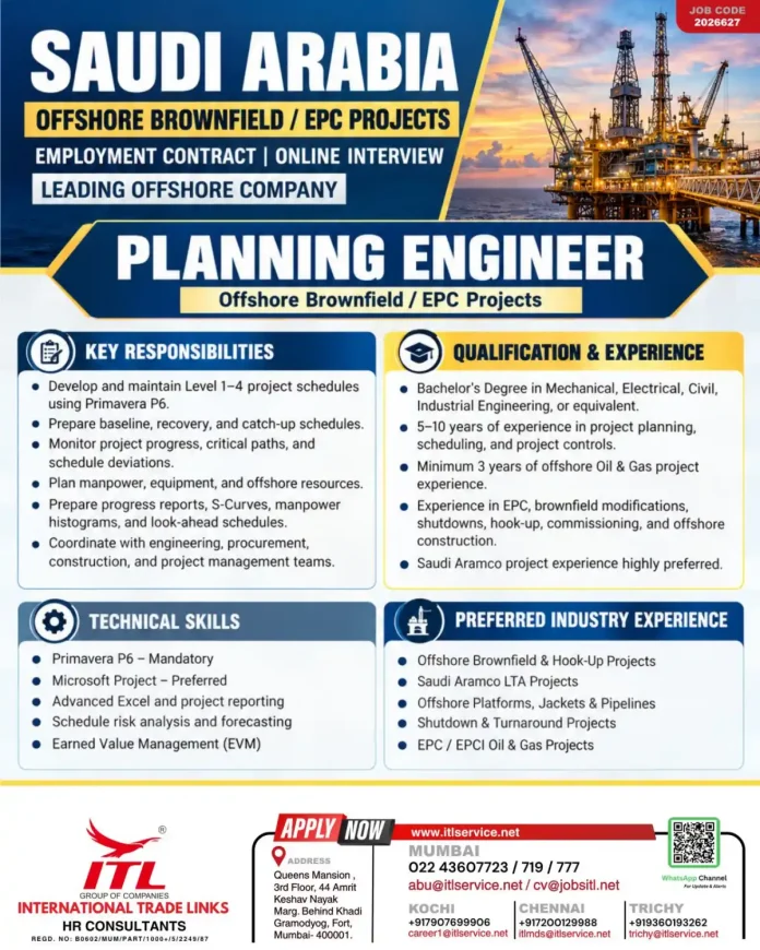Planning Engineer offshore brownfield EPC job vacancy in Saudi Arabia