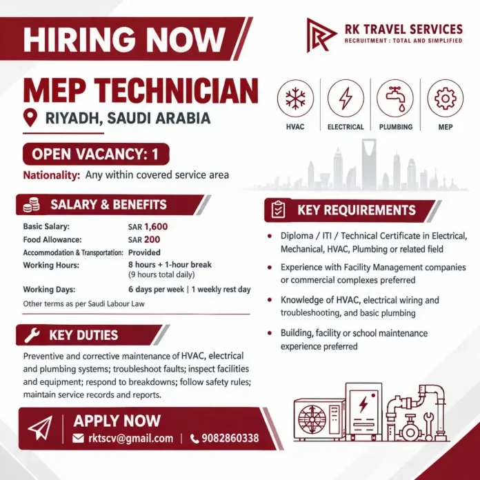 MEP Technician job vacancy in Riyadh Saudi Arabia with RK Travel Services