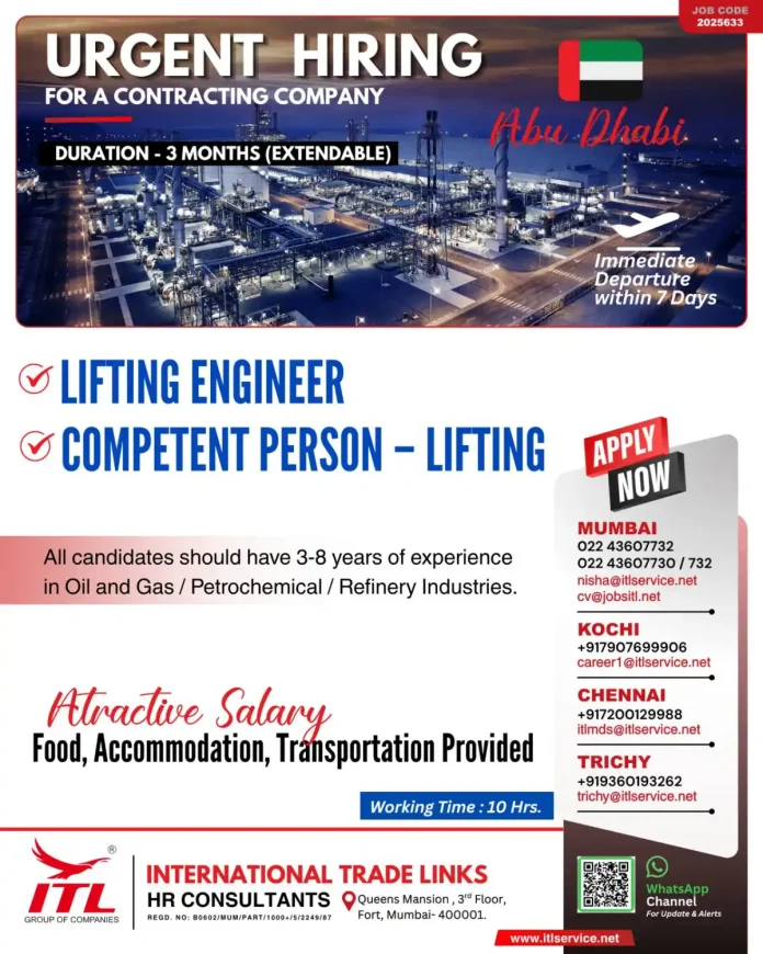 Lifting Engineer job vacancy in Abu Dhabi for oil and gas contracting company