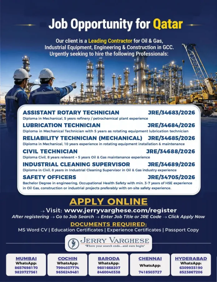 Qatar oil and gas jobs recruitment by Jerry Varghese for GCC contractor