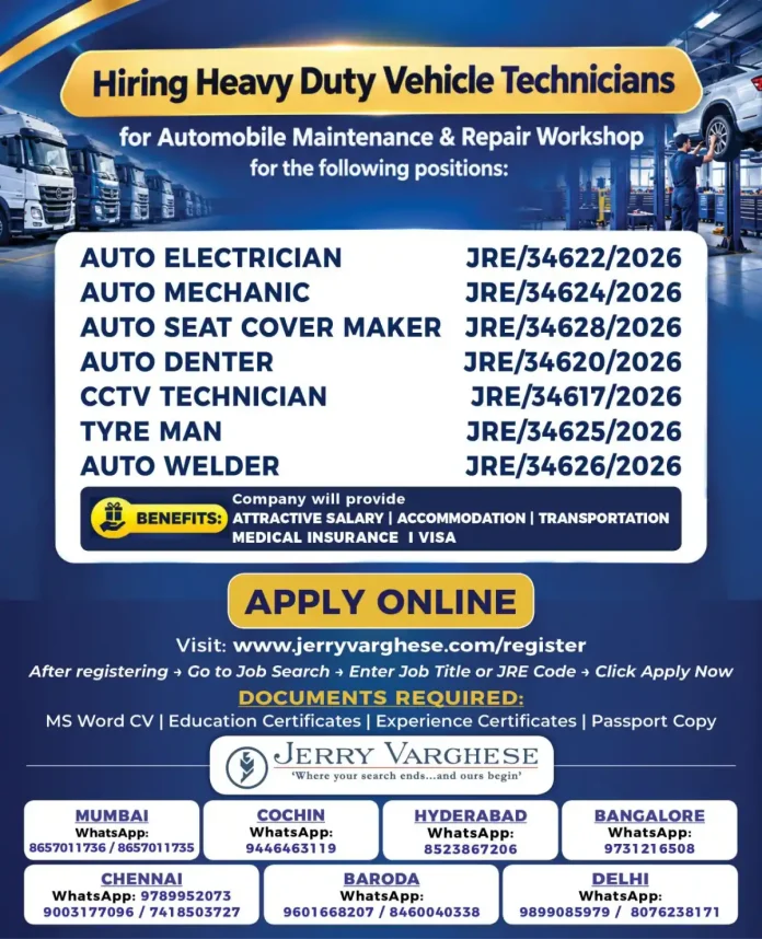 Heavy Duty Vehicle Technician jobs for Auto Electrician, Auto Mechanic, CCTV Technician and Auto Welder