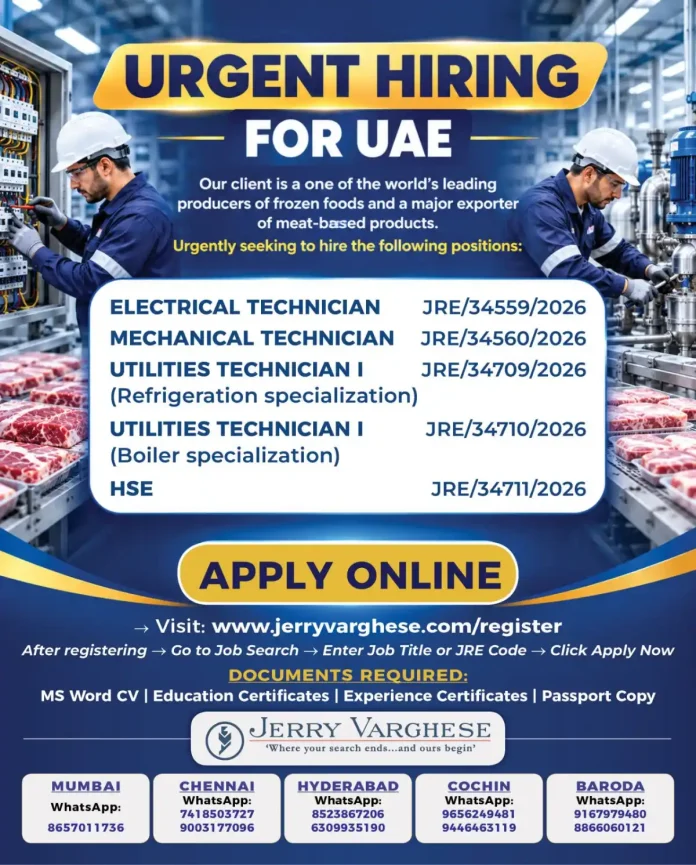 Urgent UAE technician and HSE job vacancies with a frozen foods exporter