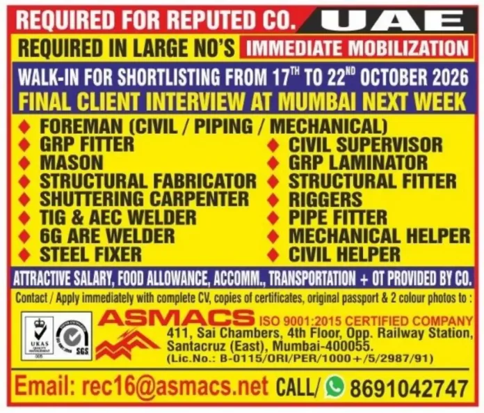 UAE walk-in interview jobs in Mumbai for construction and mechanical roles October 2026
