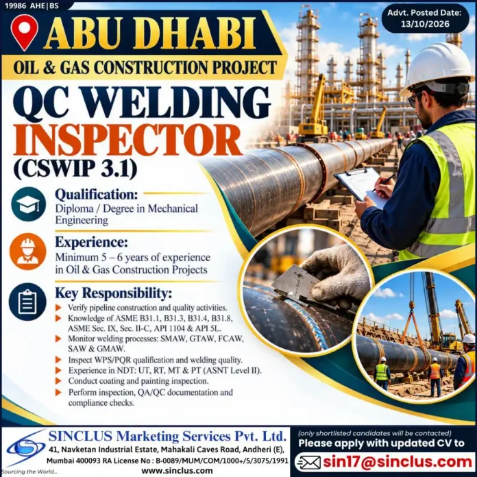QC Welding Inspector CSWIP 3.1 Abu Dhabi oil and gas construction job