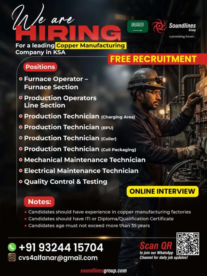 Copper manufacturing jobs in KSA with Soundlines Group free recruitment