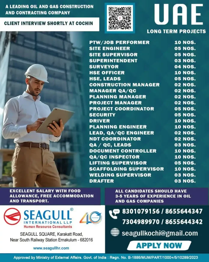 Oil and gas construction jobs in UAE with client interview in Cochin
