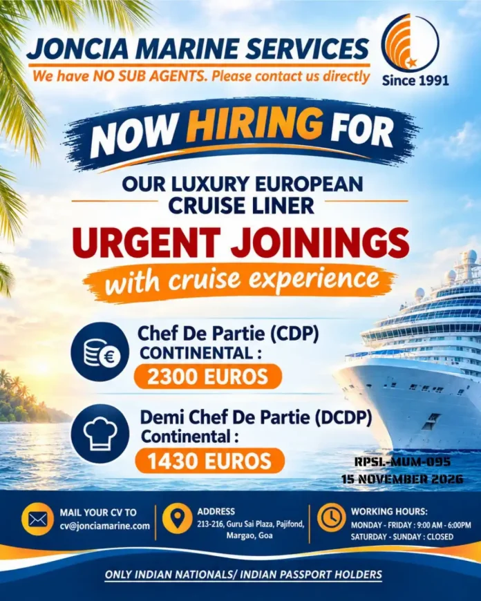 Chef De Partie and Demi Chef De Partie jobs on a luxury European cruise liner