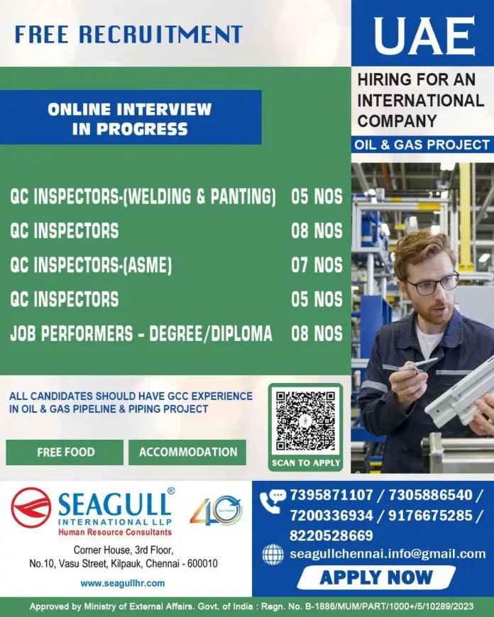 QC Inspector jobs in UAE oil and gas project with free recruitment