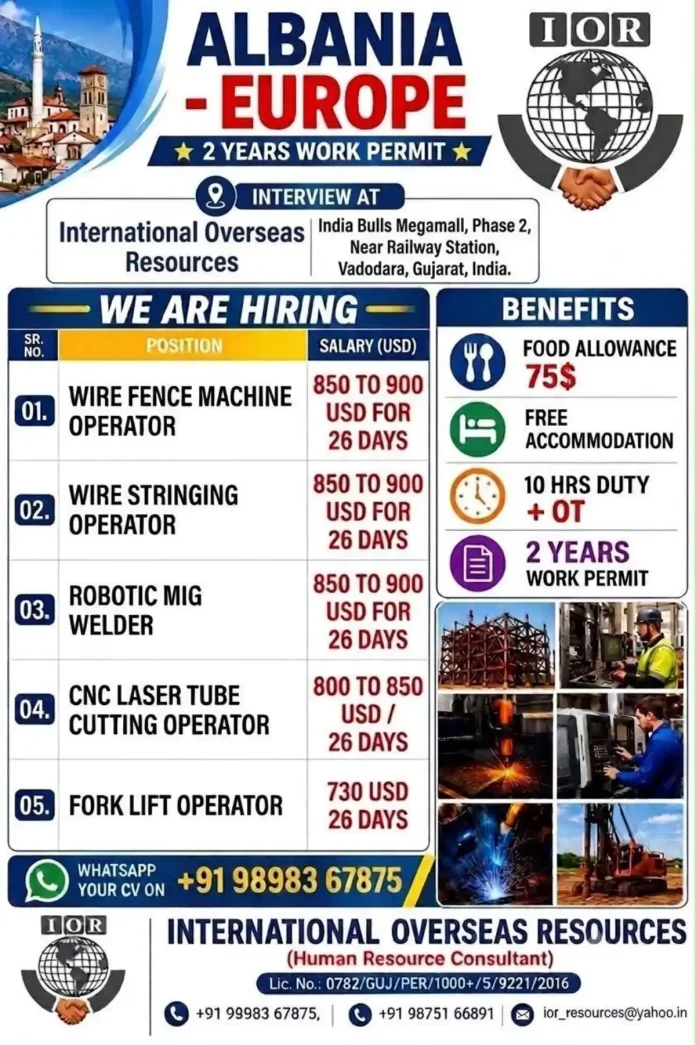 Albania Europe jobs for wire fence machine operator, wire stringing operator, robotic MIG welder, CNC laser tube cutting operator and fork lift operator