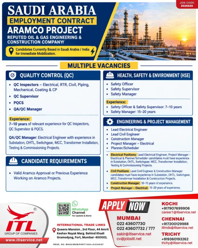 Aramco project jobs in Saudi Arabia for QC HSE engineering and project management professionals