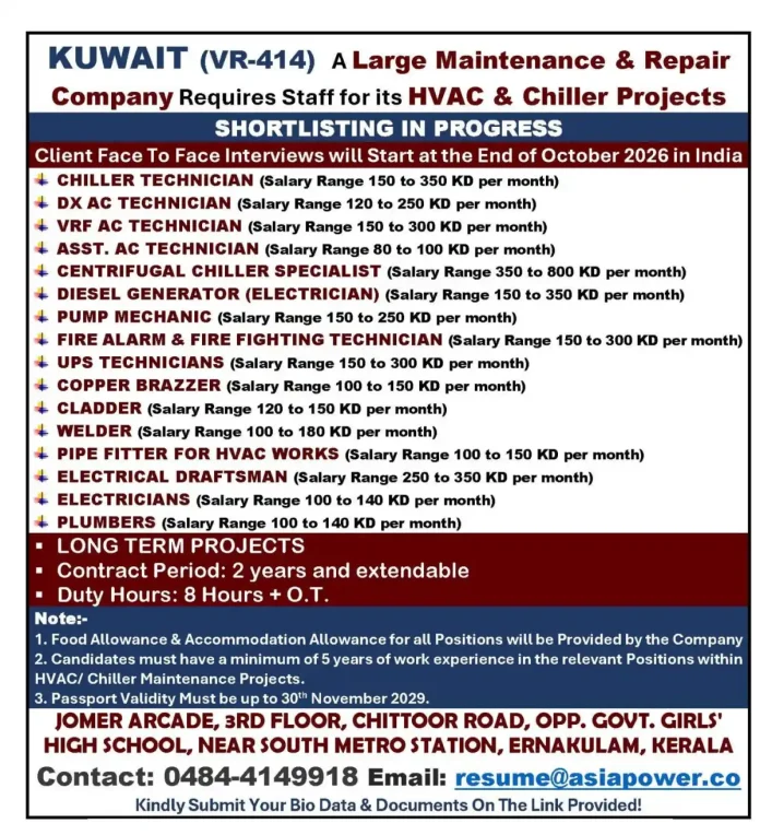 HVAC and chiller technician jobs in Kuwait for VR-414 with interviews in India