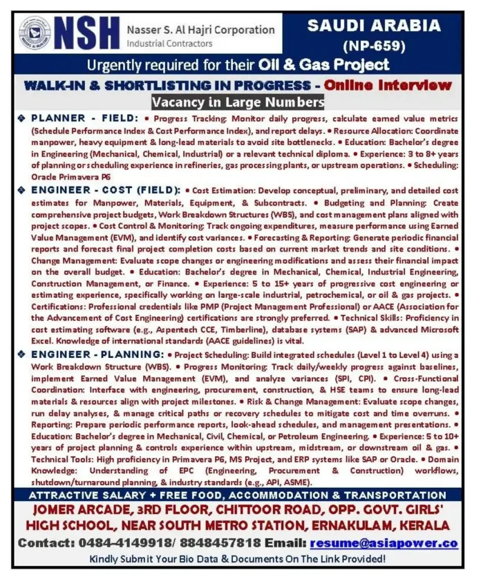 Al-NSH Saudi Arabia oil and gas jobs for planner, cost engineer and planning engineer