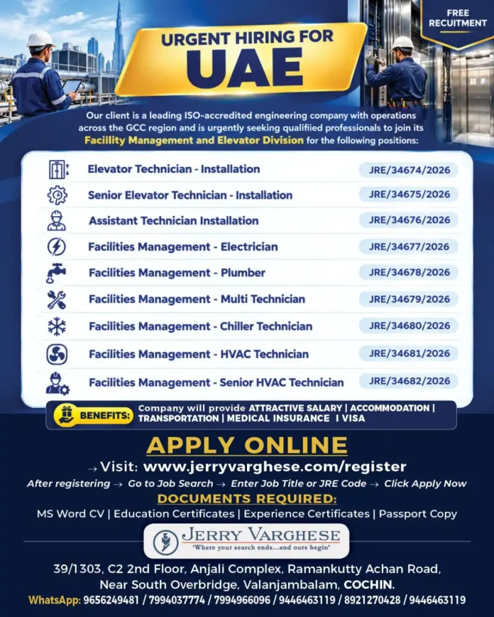 Urgent hiring UAE elevator technicians and facility management jobs 2026 – free recruitment
