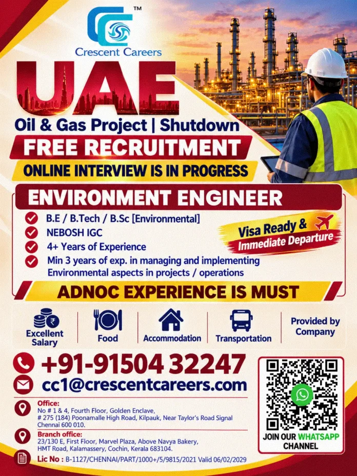 Environment Engineer job vacancy in UAE for ADNOC oil and gas shutdown project