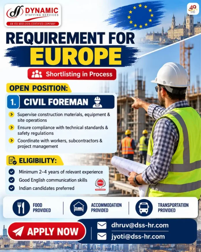 Civil Foreman job opportunity in Europe with Dynamic Staffing Services