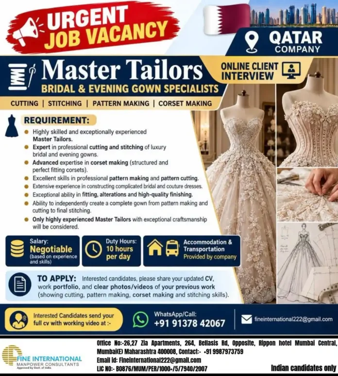 Master Tailors job in Qatar for bridal and evening gown specialists
