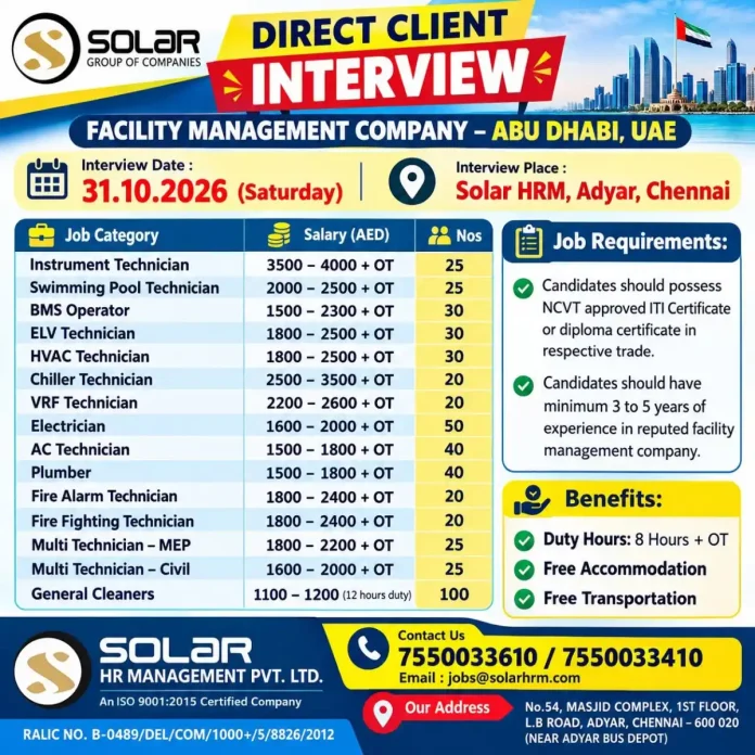 Abu Dhabi facility management jobs 2026 direct client interview by Solar HRM in Chennai