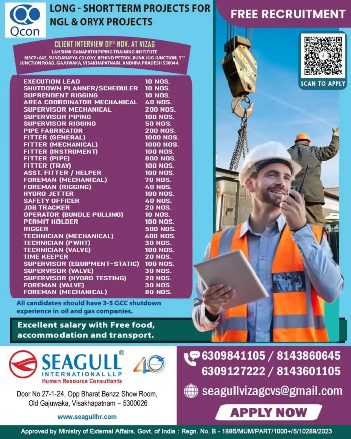 Walk-in interview for NGL and ORYX shutdown jobs in Vizag by Seagull 40 International LLP
