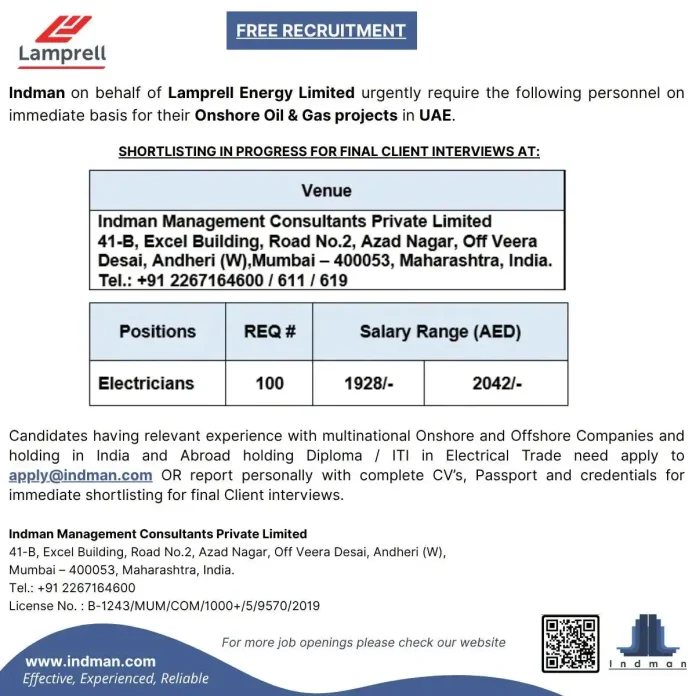 Electrician jobs in UAE for Lamprell Energy Limited onshore oil and gas projects