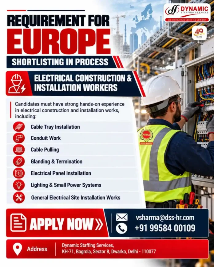 Electrical construction and installation workers job in Europe