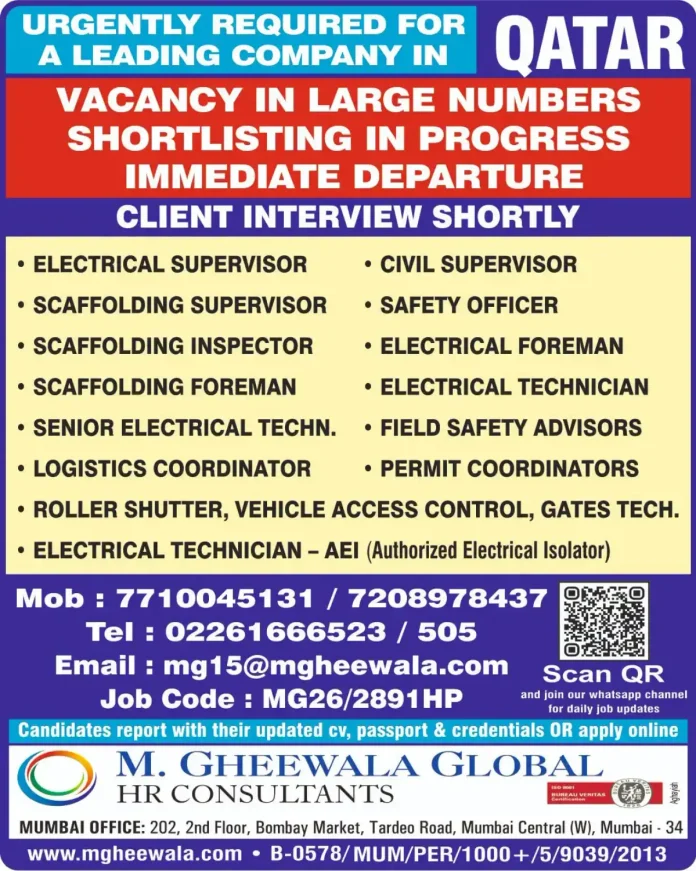 Urgent Qatar jobs vacancy for electrical, scaffolding, safety and logistics roles with M. Gheewala Global