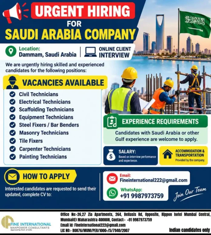 Urgent hiring in Dammam Saudi Arabia for Indian technicians